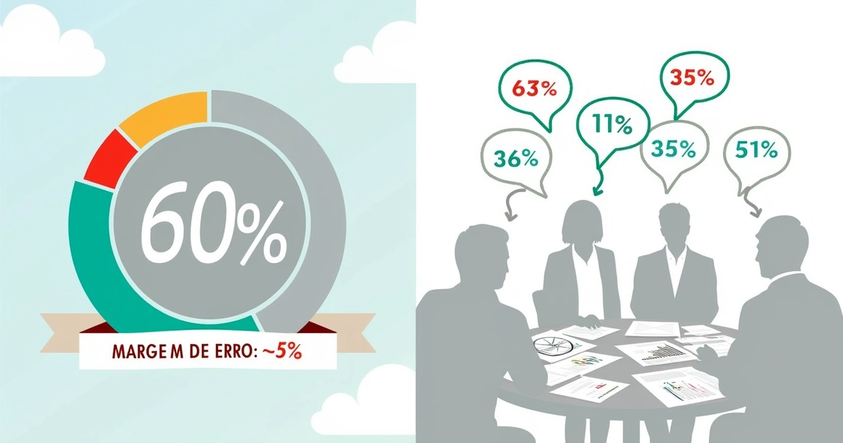 Ilustração sobre margem de erro, com porcentagem, gráficos e perfis discutindo decisões de pesquisa.