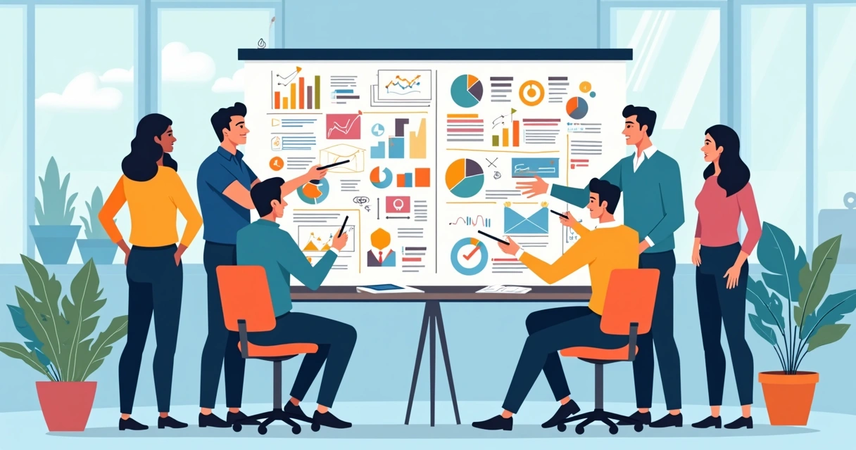 Equipe de marketing discutindo ideias usando quadro com ilustrações. 