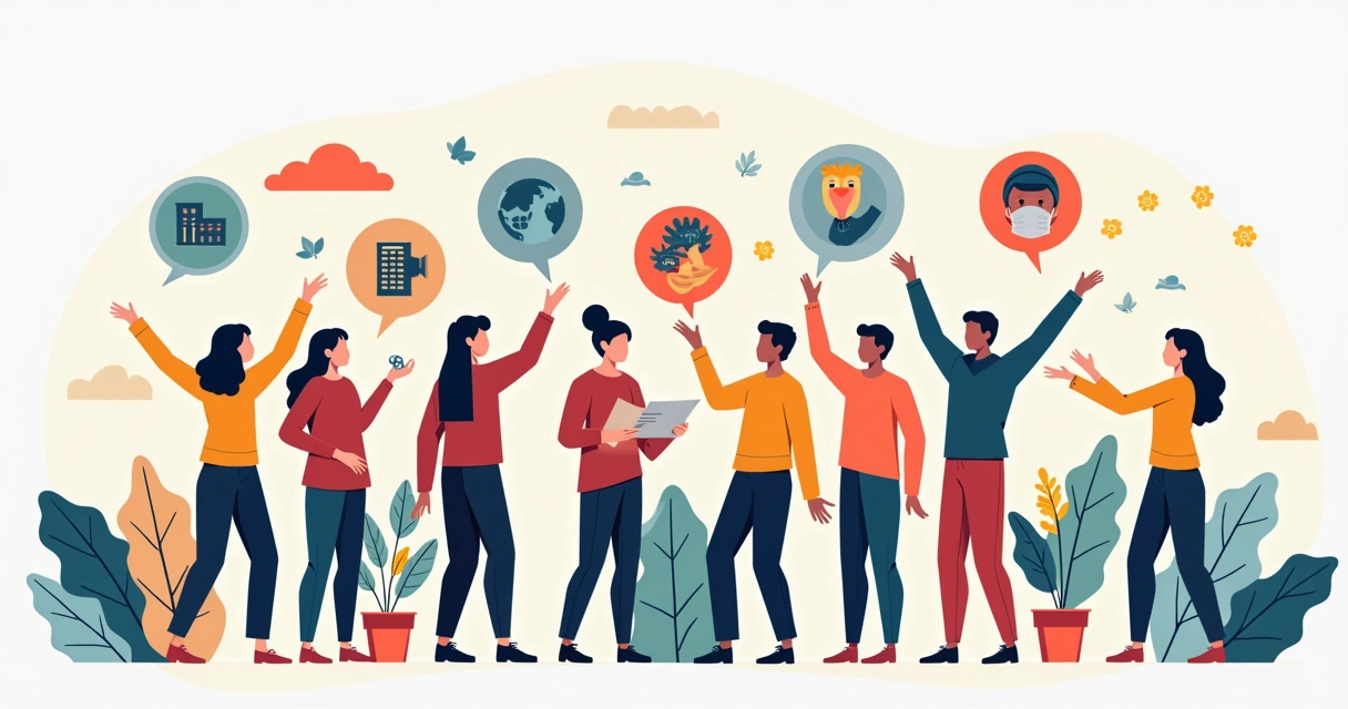 Ilustração corporativa plana mostrando pessoas colaborando em projetos sociais com ícones de saúde, meio ambiente e comunidade ao redor 