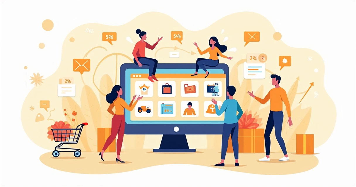 Ilustração de um marketplace digital vibrante com uma tela de computador exibindo plataformas de vendas.
