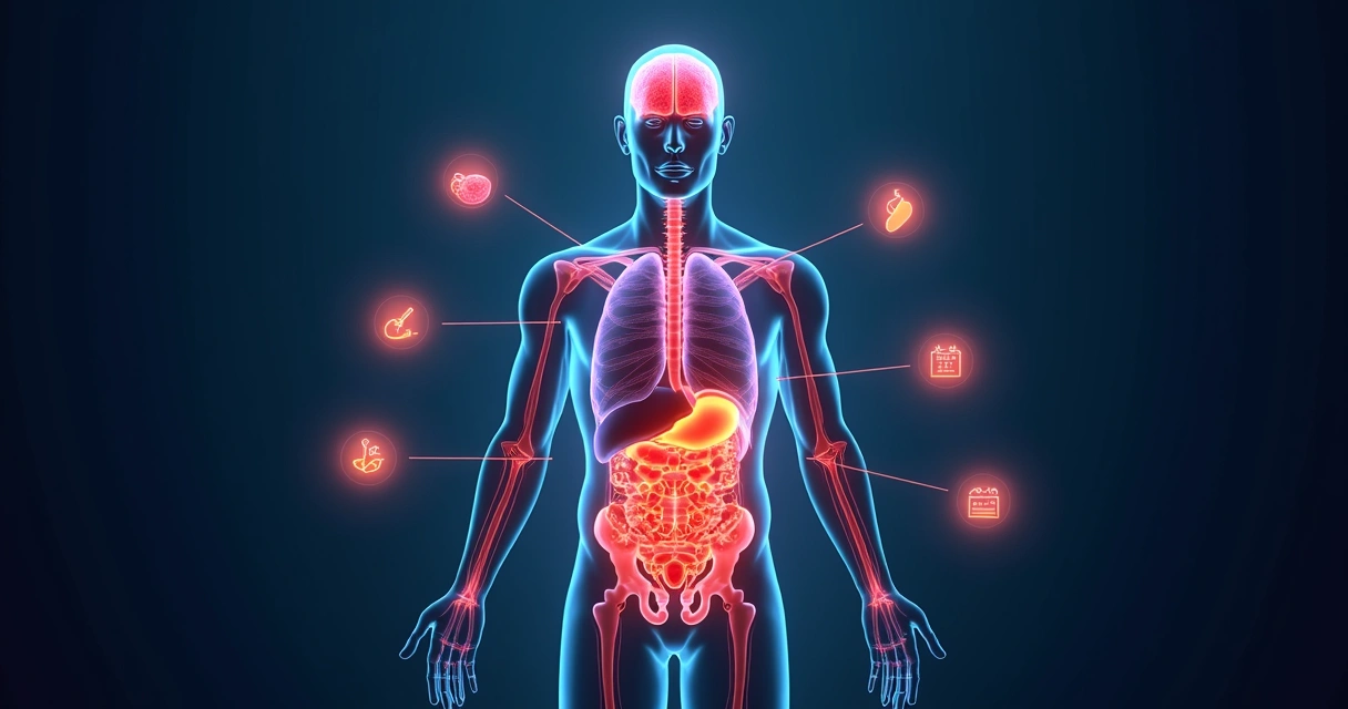 Ilustração do corpo humano mostrando melanoma na pele e possíveis órgãos com metástase. 