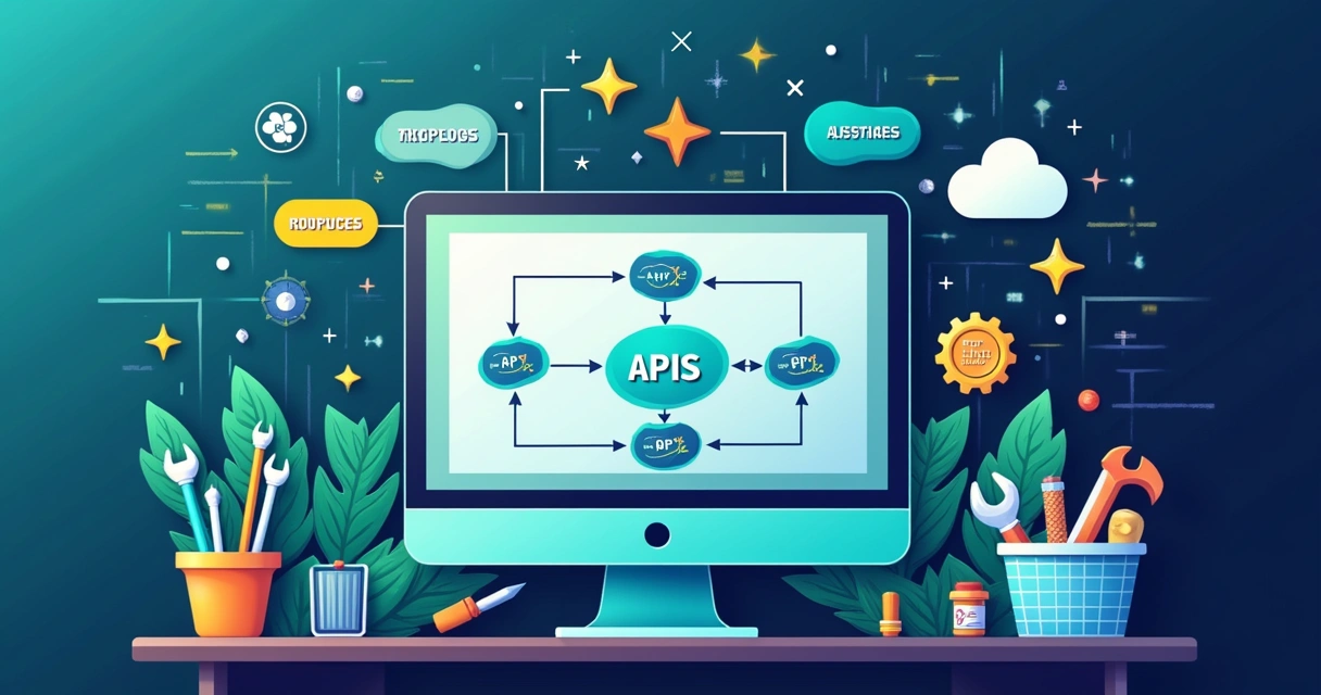 Ilustração de microsserviços com ícones de API, vantagens de desenvolvimento e boas práticas em fundo digital.