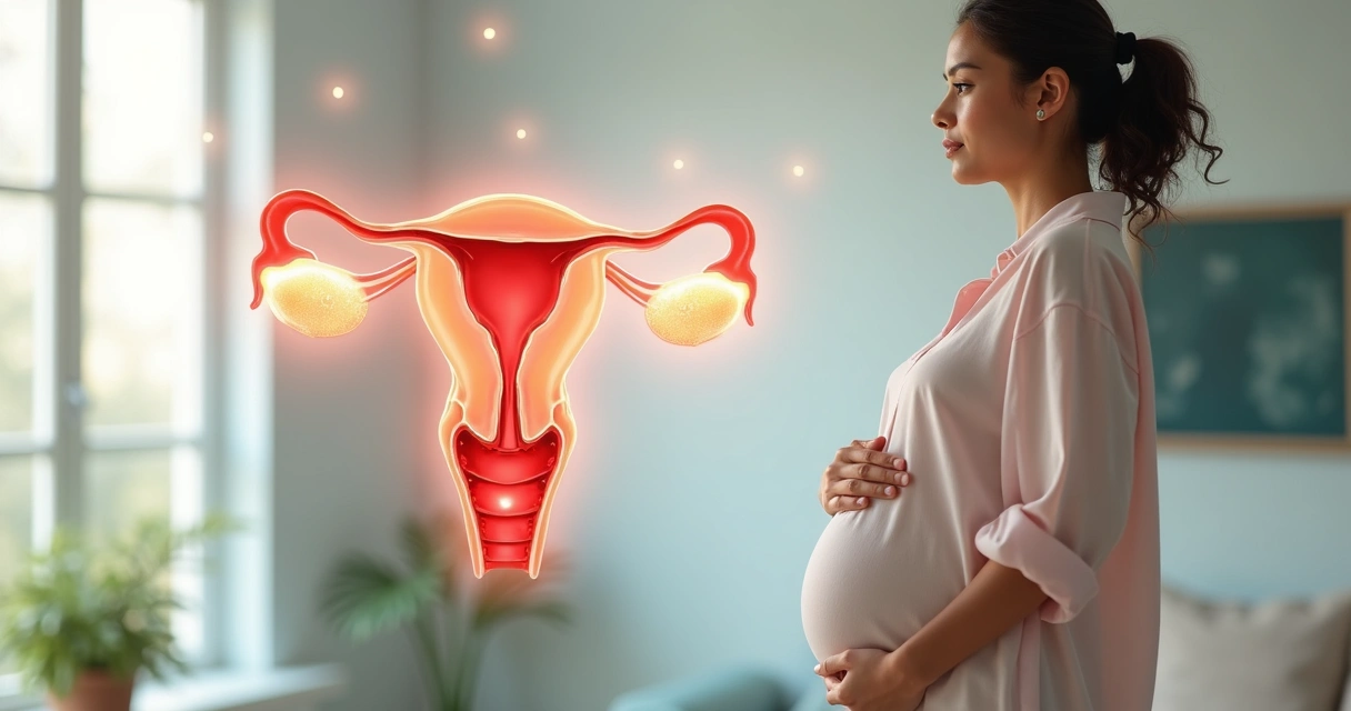 Ilustração de útero com mioma e embrião ao lado de mulher pensando em gravidez 