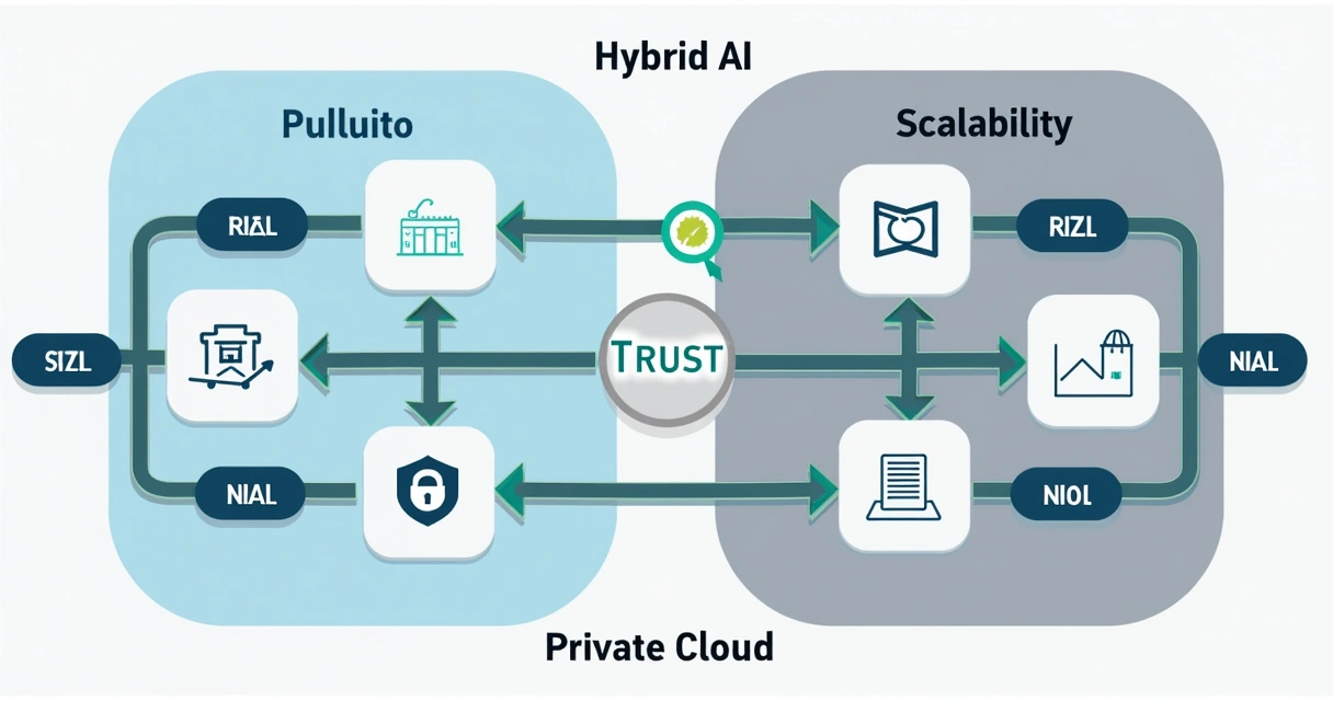 Representação visual de um modelo híbrido de IA integrando nuvem pública e privada 