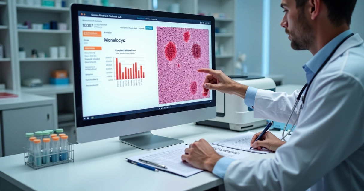 Hematologista apontando aumento de monócitos em exame de sangue em monitor 