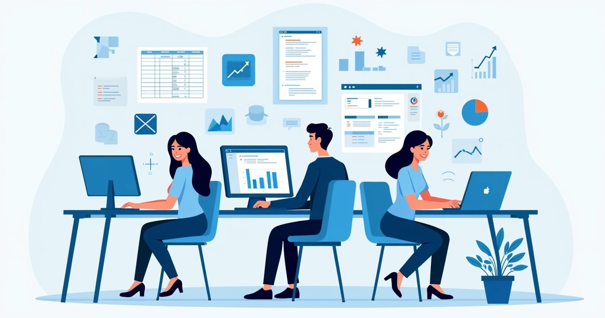 Ilustração corporativa mostrando três profissionais em diferentes níveis de Excel, com telas exibindo planilhas simples, tabelas dinâmicas e códigos VBA 