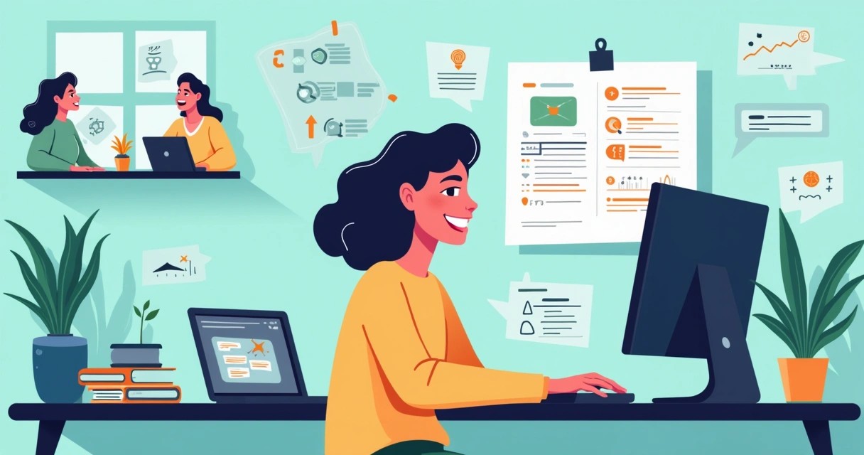 Pessoa sorridente usando ferramenta no-code em casa, com tutoriais e interações online.