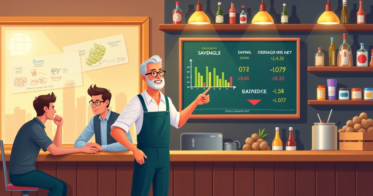 Ilustração de bar moderno mostrando otimização de despesas operacionais com quadro, negociação e tecnologia.