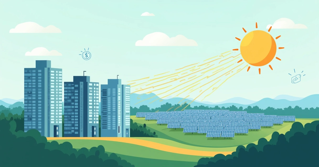 Cidade com prédios recebendo energia de painéis solares distantes 