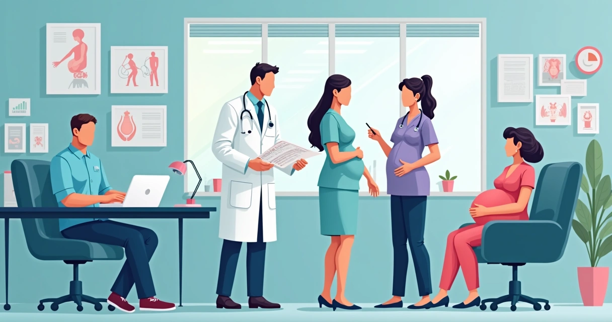 Profissionais de saúde analisando partograma e exames laboratoriais 