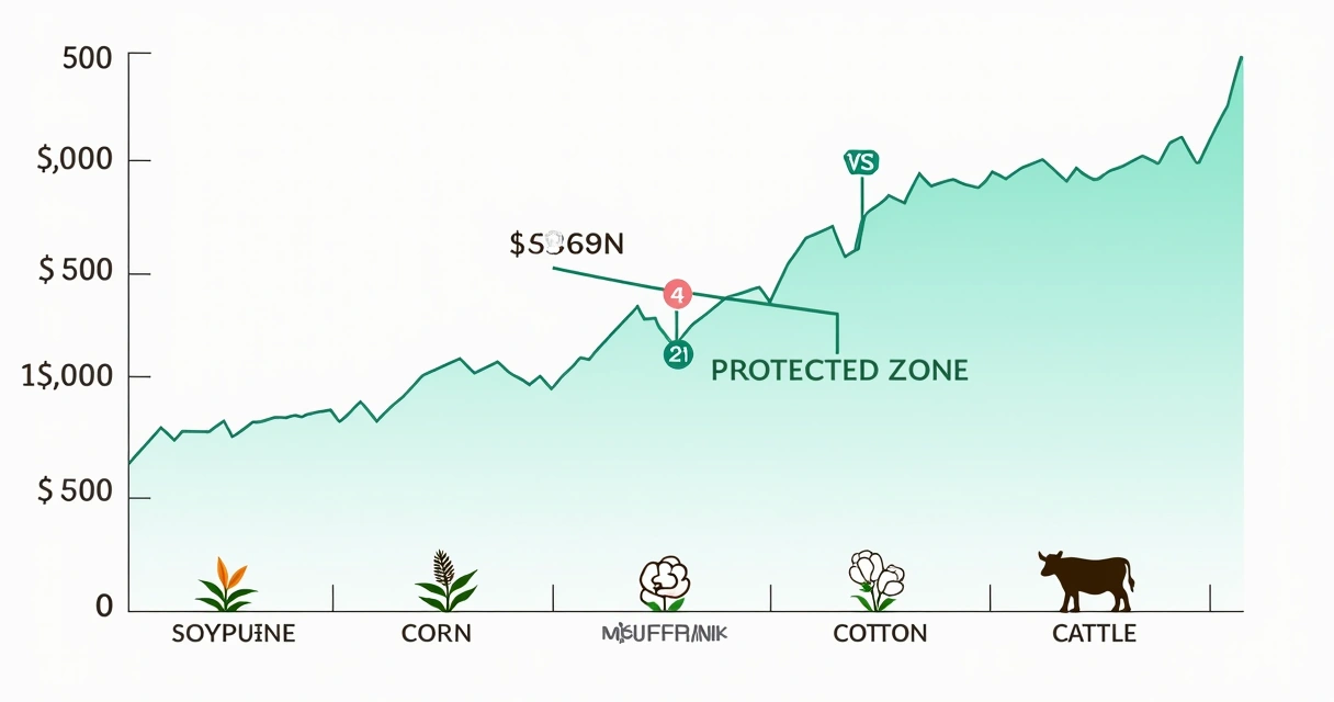 Gráfico ilustrando strikes de opções, limites de proteção em commodities 