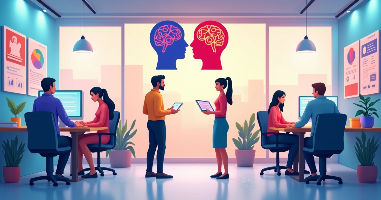 Ilustração colorida mostrando programa de saúde mental no trabalho 