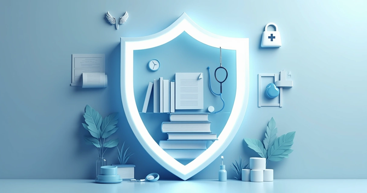 Ilustração de escudo protegendo consultório médico, patrimônio profissional 