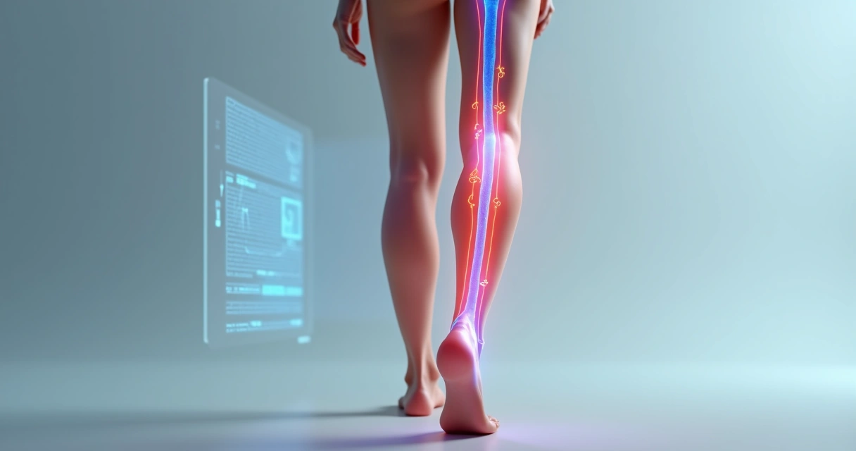 Ilustração em 3D de pernas femininas com destaque para veia safena e refluxo venoso 