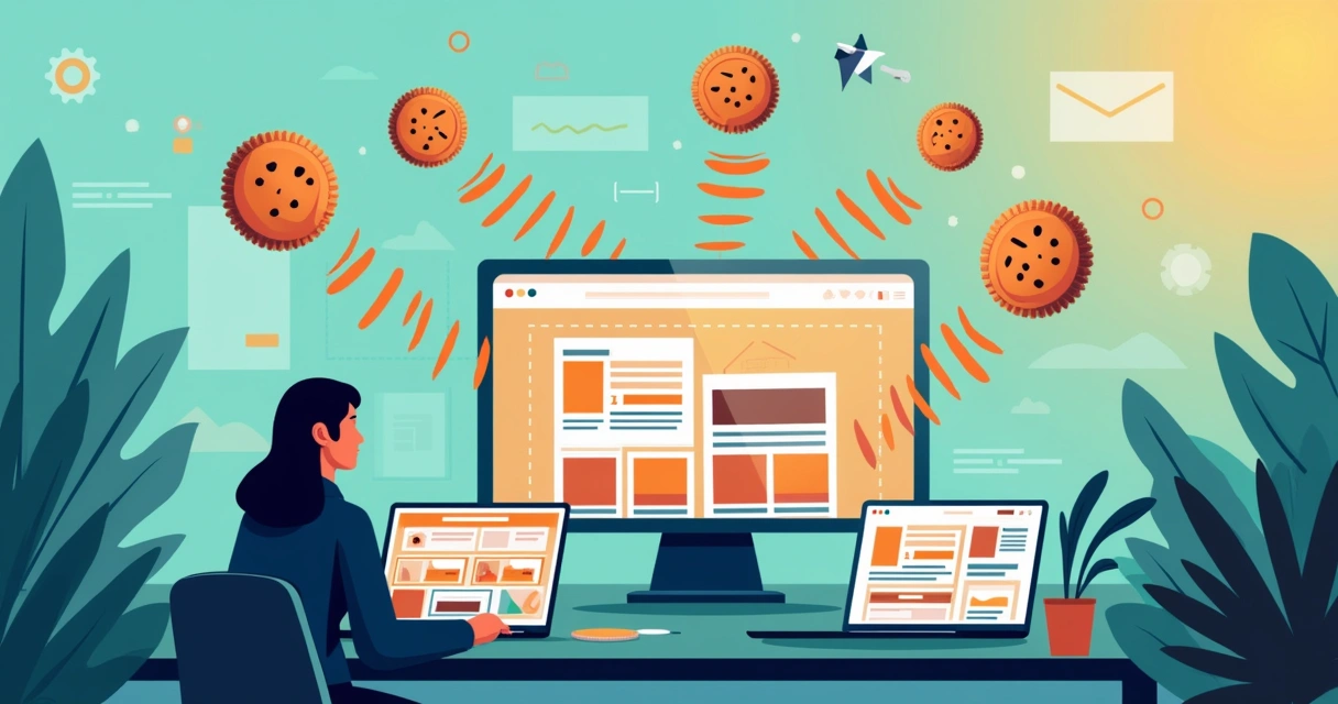 Ilustração do remarketing mostrando anúncios de produtos seguindo um cliente em dispositivos digitais.