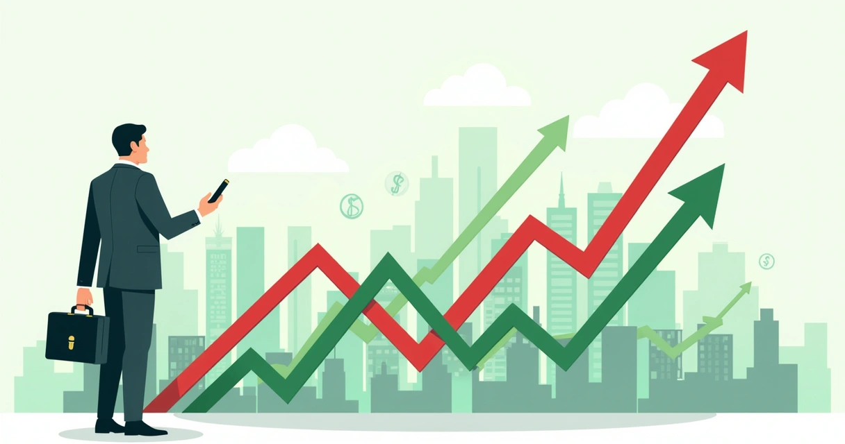Ilustração sobre renda variável com gráfico de ações, empresário e cidade ao fundo