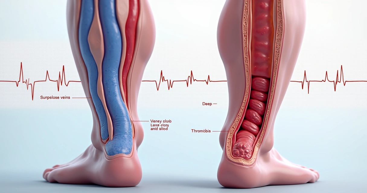 Ilustração médica de perna com varizes e formação de trombo venoso 