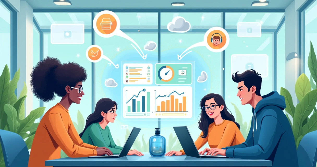 Ilustração de profissionais utilizando SaaS em um escritório moderno, com gráficos e ícones de tecnologia flutuando.