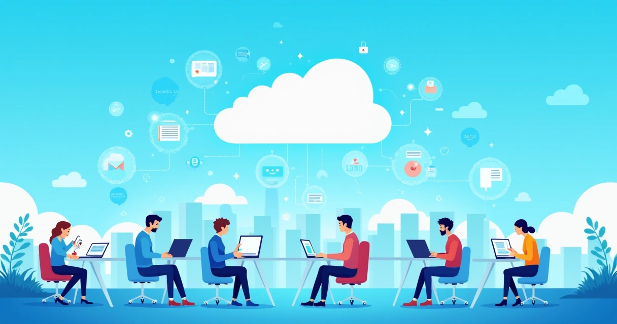 Ilustração de pessoas usando software via nuvem, com ícones de colaboração e skyline ao fundo.