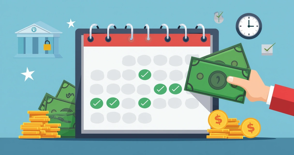Calendário marcando datas de saque e mão retirando dinheiro 