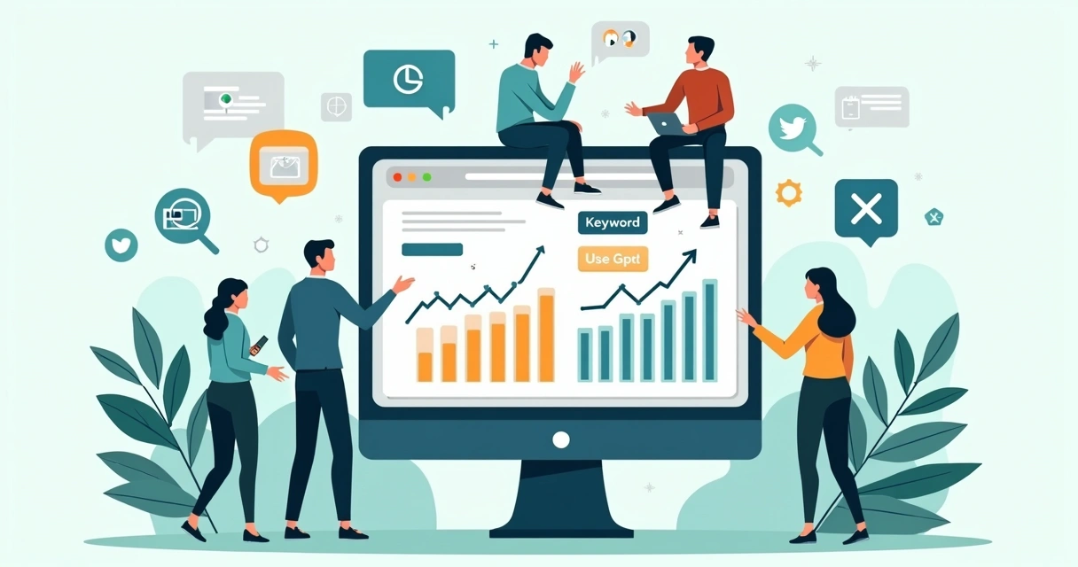 Ilustração corporativa plana mostrando tela de computador com gráficos de SEO e equipe de marketing digital trabalhando 
