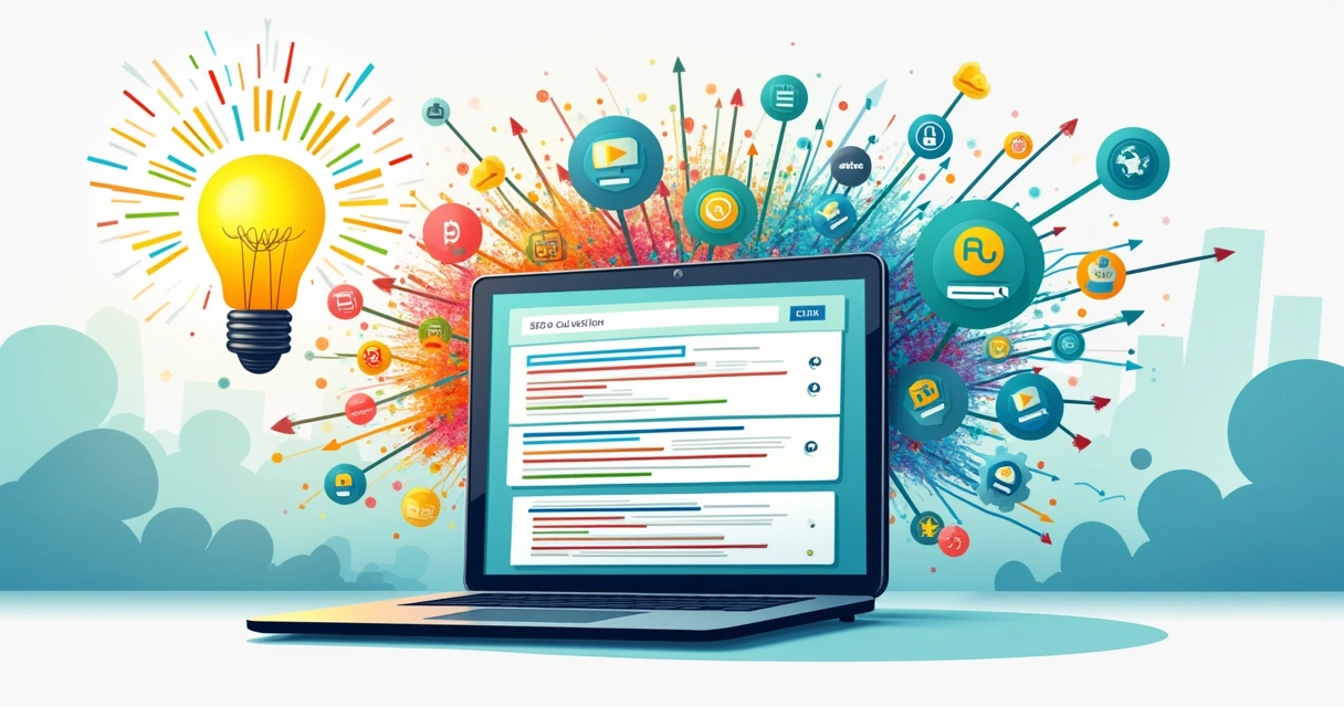 Ilustração dinâmica representando SEO, com um laptop mostrando resultados de pesquisa, ícones de conteúdo e links externos.