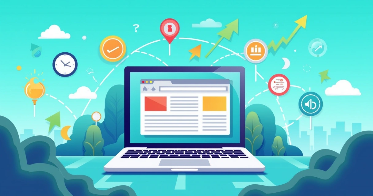 Ilustração de um cenário digital com laptop mostrando SEO, elementos de otimização e crescimento.