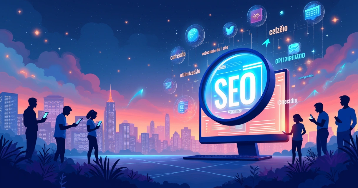 Ilustração de uma paisagem digital com uma lente de aumento sobre uma tela de computador destacando SEO.