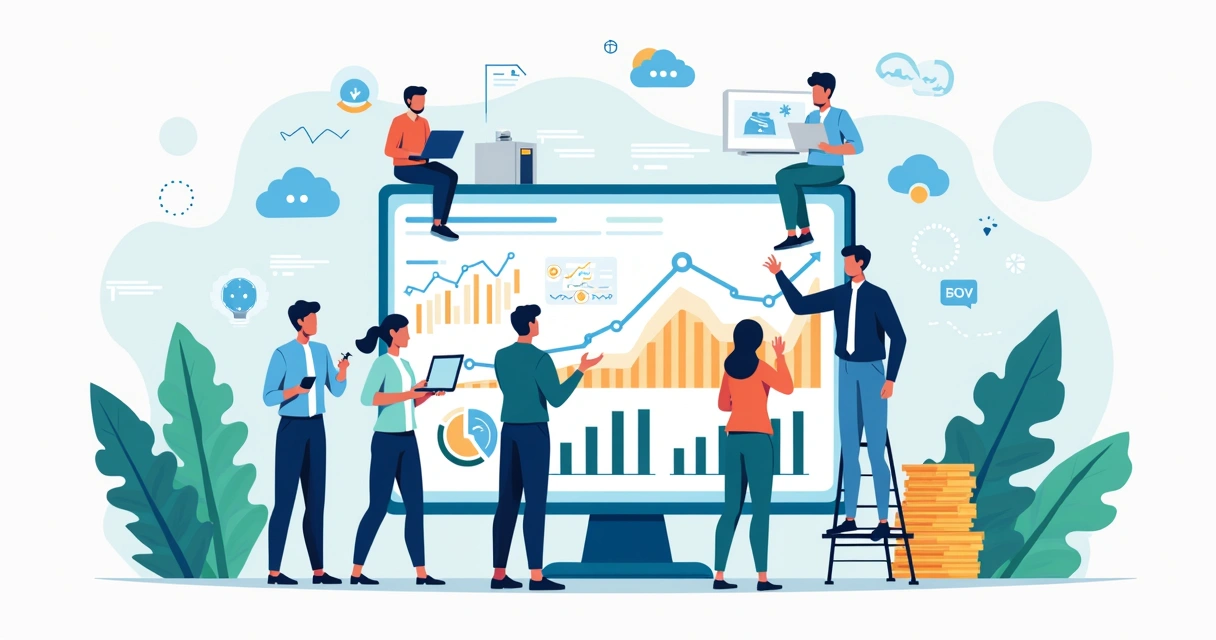 Ilustração corporativa de empreendedores com gráficos de crescimento e ícones de fintech e inovação tecnológica 