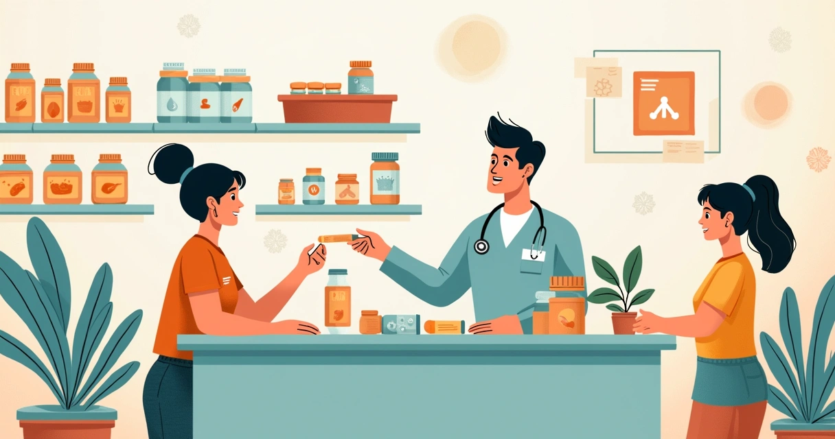 Illustração de uma farmácia com frascos de suplementos e selos de certificação de qualidade e segurança.