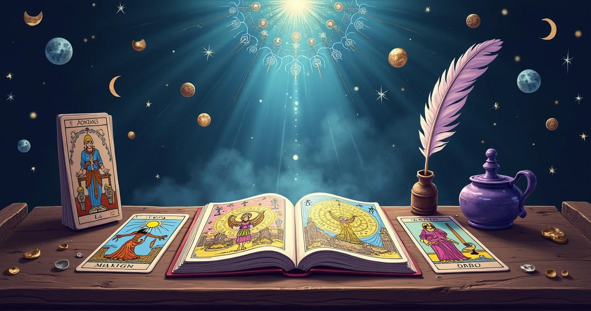Ilustração histórica do Tarô de Marselha com cartas místicas em uma mesa de madeira e símbolos espirituais.