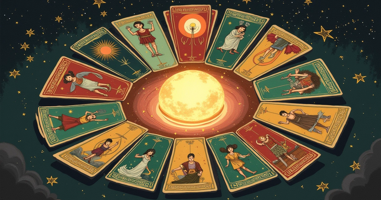 Ilustração do Tarô com cartas em destaque, simbolizando autoconhecimento e transformação.
