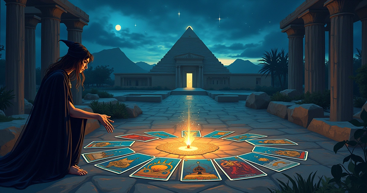 Ilustração do tarot com cartas em círculo, símbolos esotéricos, e templo egípcio ao fundo sob um céu crepuscular.