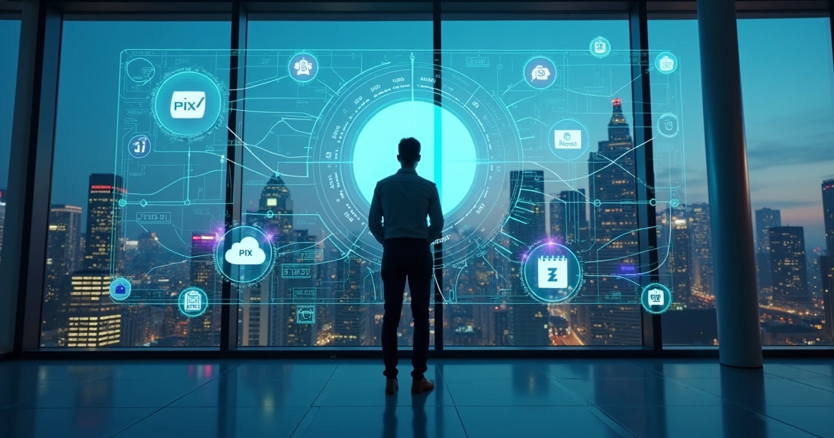 Executivo observando painel digital com serviços financeiros white label conectando empresas 