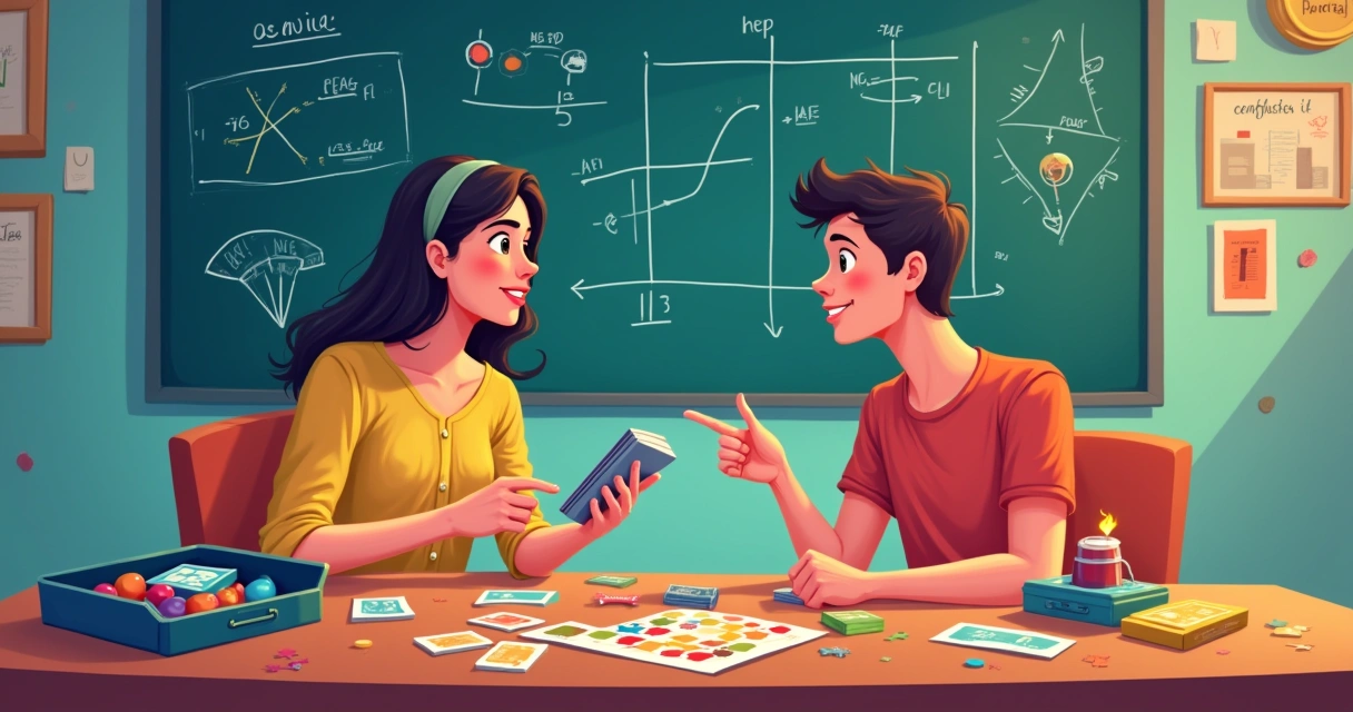 Ilustração de dois amigos decidindo entre filme e jogo, com elementos de estratégia ao fundo.