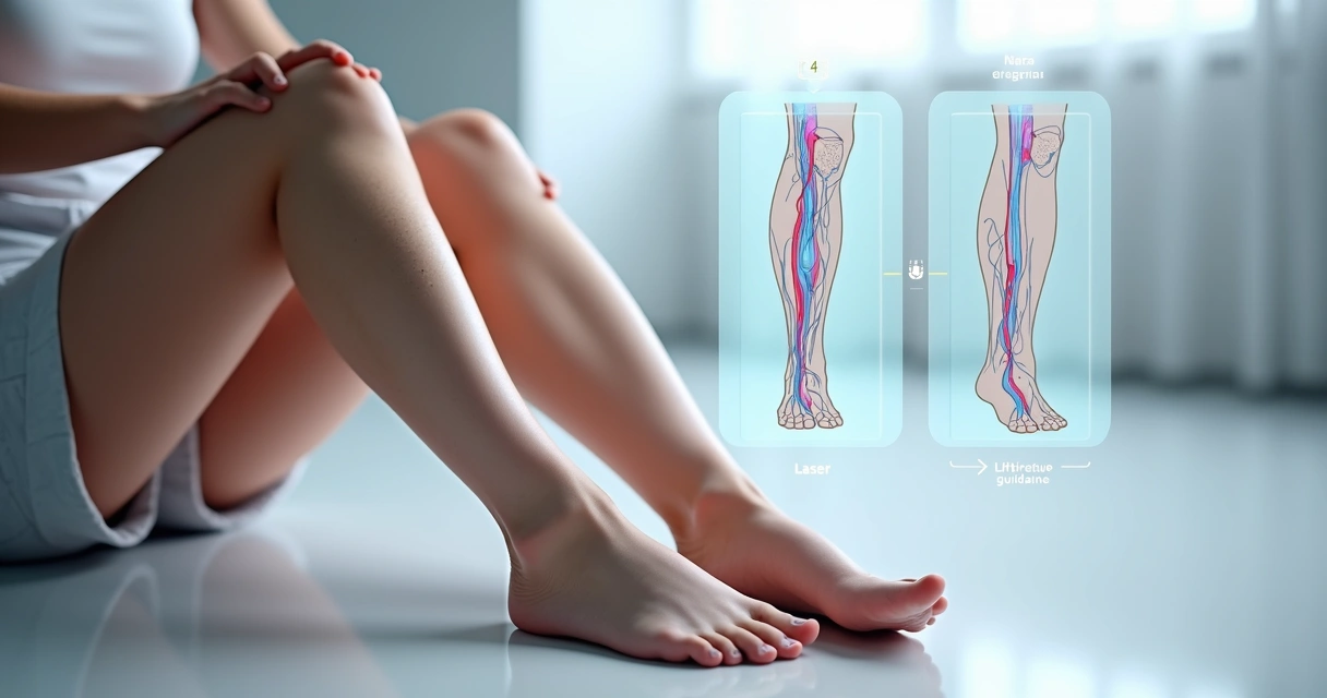 Ilustração de pernas com varizes e tecnologia de tratamento com laser 