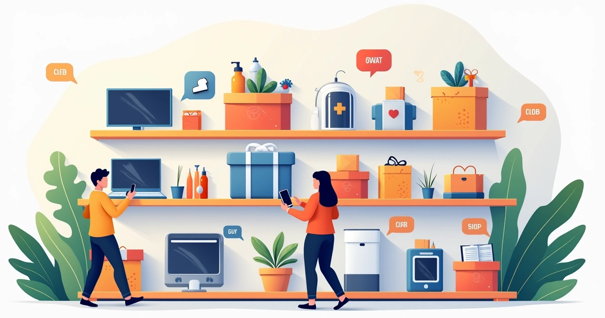 Ilustração colorida de diferentes categorias de produtos em marketplace