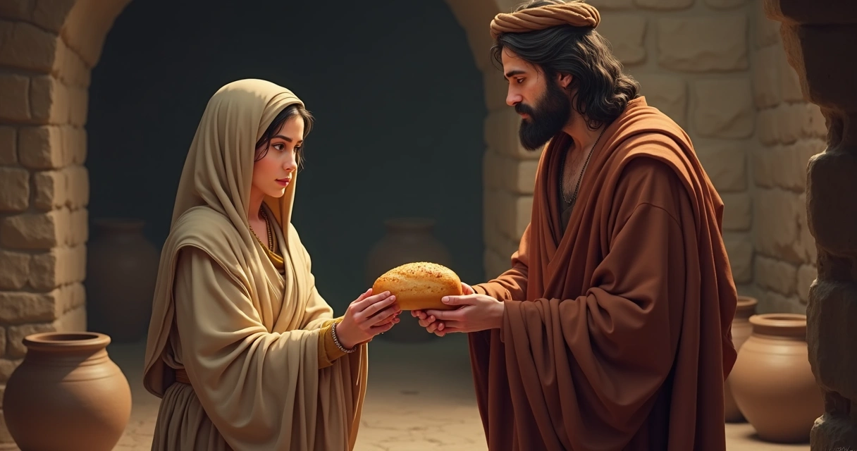 Viúva de Sarepta entregando pão a Elias em cenário de escassez 