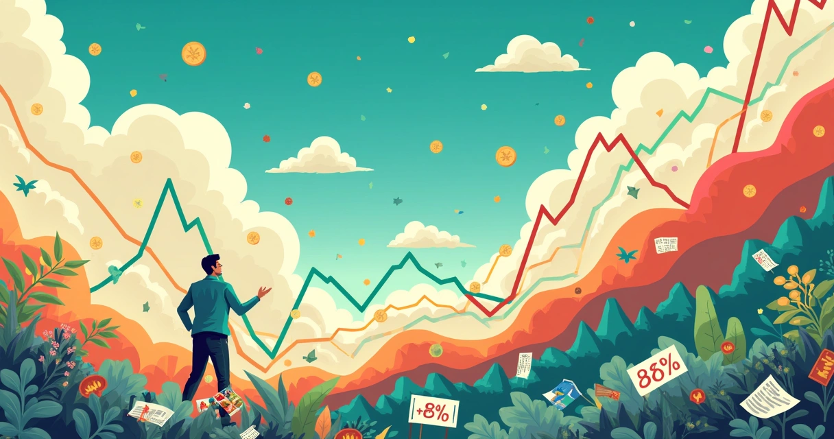 Ilustração representando volatilidade do mercado com gráfico oscilante, ícones de economia e investidores ansiosos.