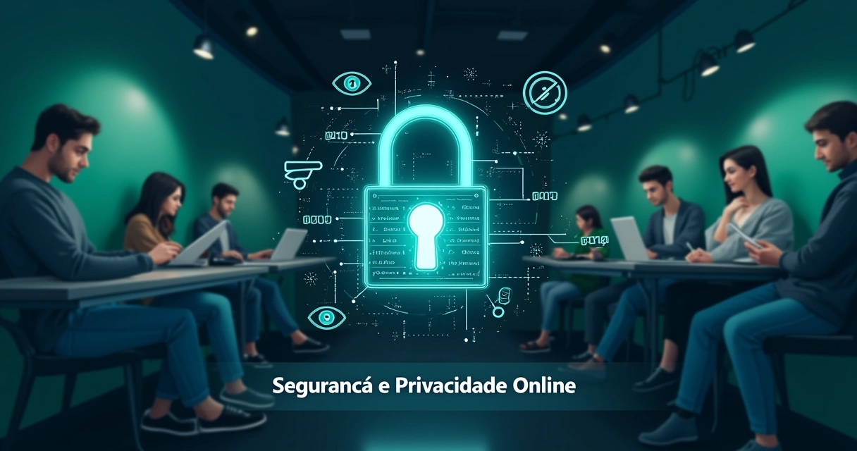 Ilustração do conceito de VPN com um cadeado representando criptografia e um ambiente de café com segurança.