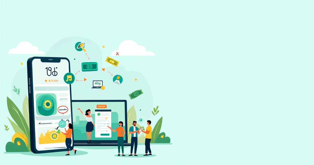 Ilustración de plataformas Fintech con teléfonos, computadoras, y símbolos de finanzas modernas.