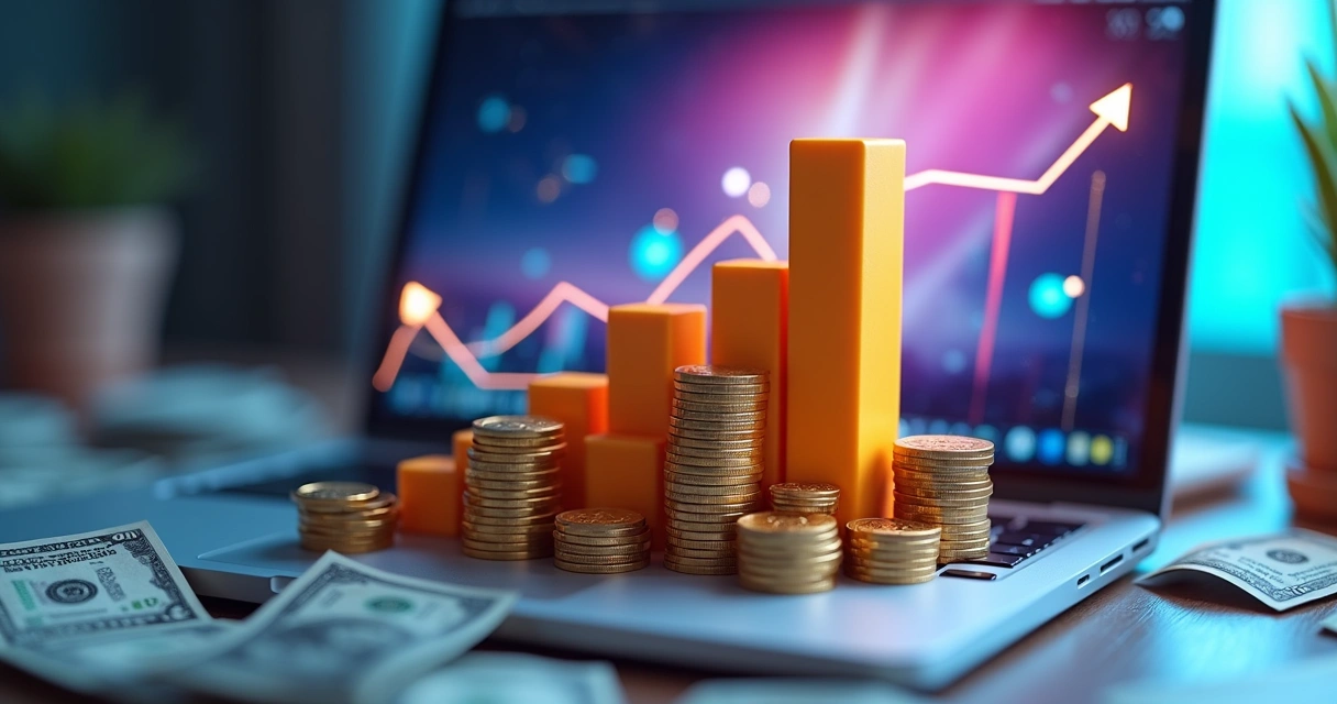 Gráfico escultórico mostrando aumento de faturamento de afiliados mês a mês, com moedas subindo 