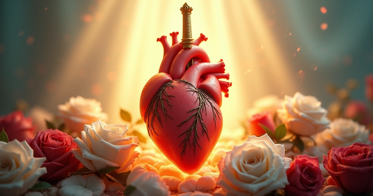 Imagem realista do Imaculado Coração de Maria com flores ao redor e luz suave dourada 