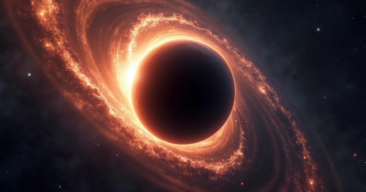 Imagem ultra-detalhada e em alta resolução de um buraco negro supermassivo com sua sombra escura no centro, exibindo um halo brilhante de radiação de síncrotron ao redor e jatos magnéticos emergindo d