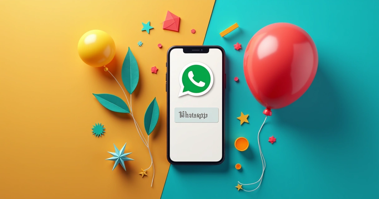 Convite visual de evento no WhatsApp exibido em celular, com elementos gráficos coloridos ao redor