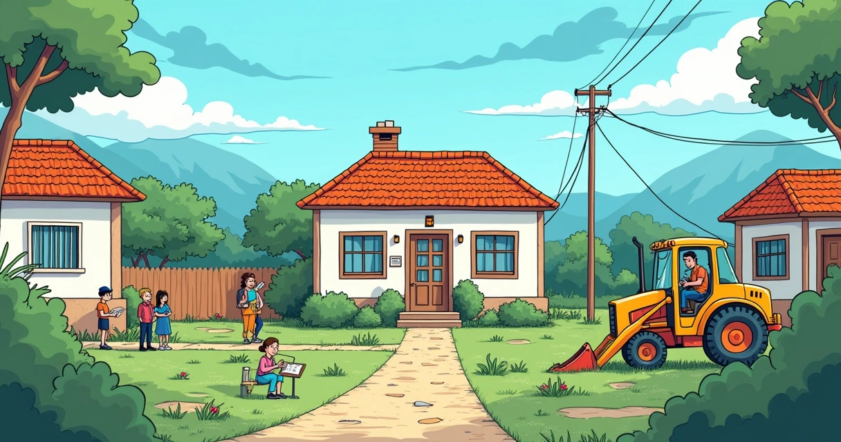 Cenário urbano com casa regularizada, pessoas consultando documentos e um agrimensor trabalhando.