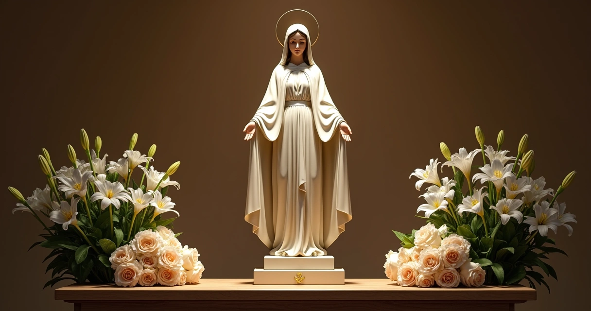 Imagem de Nossa Senhora Aparecida em altar simples, cercada de flores. 