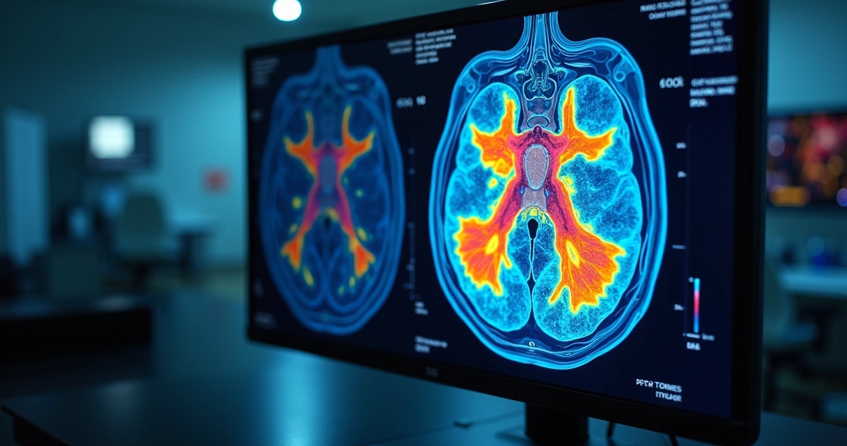 Imagem colorida de um exame PET-CT com áreas marcadas de possível tumor 