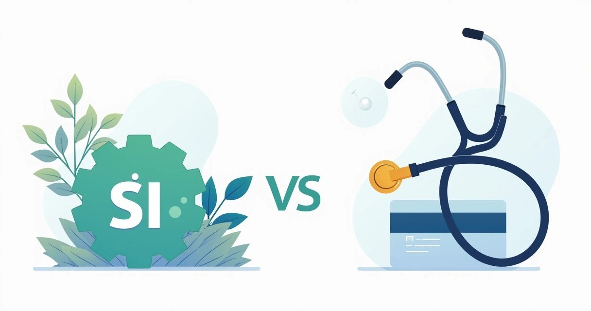 Símbolos do SUS e plano de saúde representando temas de acesso à saúde 