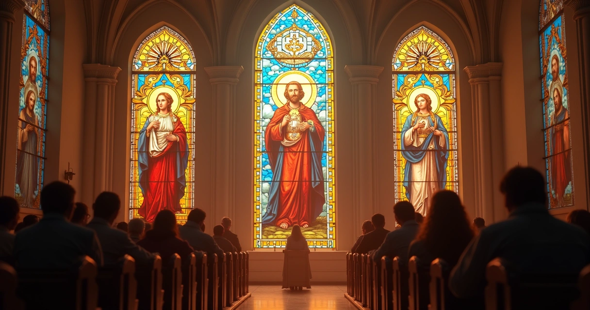 Vitrais de igreja com santos em destaque 